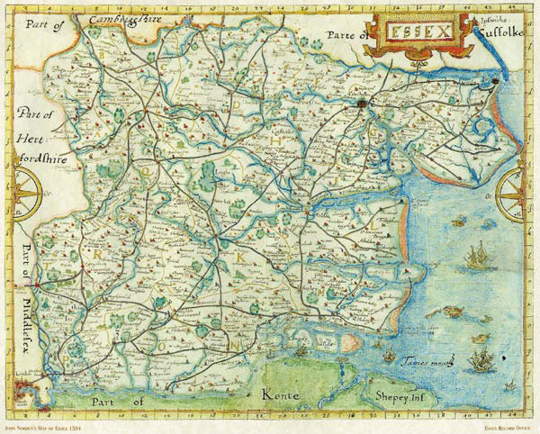 Map of the county of Essex in 1594. The extensive coastal salt marshes provided high-quality grazing for sheep and cattle but were also a favored habitat for An. atroparvus, a highly effective malaria vector. The disease was a major cause of illness and death in the area until the end of the 18th century. Reproduced by courtesy of Essex Record Office.
