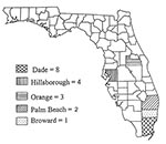Thumbnail of County of residence for 18 laboratory-diagnosed dengue cases detected between April 1997 –March 1998.