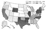 Thumbnail of Projected quartiles of tuberculosis case rates per 100,000 by state, 2010.