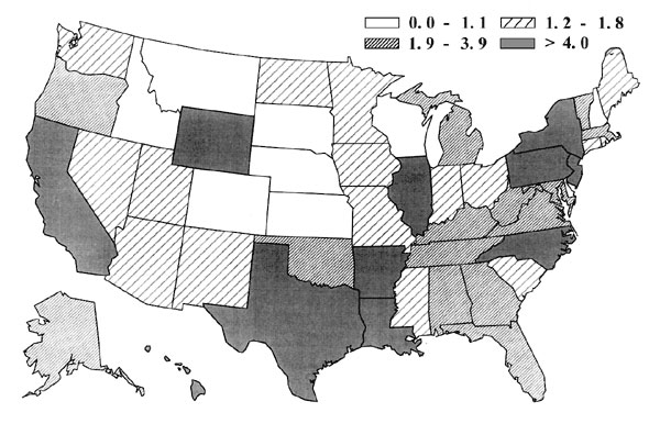 Projected quartiles of tuberculosis case rates per 100,000 by state, 2010.