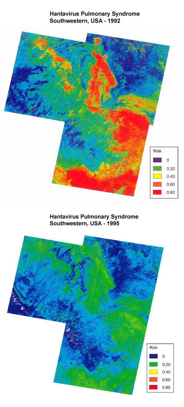 Comparison of predicted HPS risk for 1993 (top) and 1996 (bottom) by satellite imagery taken in 1992 and 1995, respectively, in the study area. Low-risk areas are in dark blue and high-risk areas are in red and yellow. There was a significant reduction in predicted high-risk areas in 1996 compared with 1993.