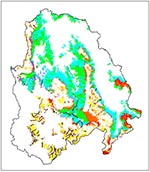 Thumbnail of Environmental strata within the mapped extent of the sagebrush-grass scrub vegetation type. Each color represents a unique combination of high or low vegetation density index, standard deviation of vegetation density index, slope, elevation, and distance from stream. White areas represent the other seven vegetation types (strata not shown).