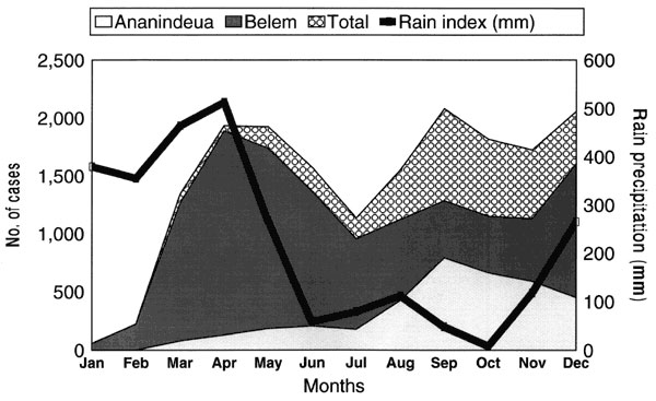 Monthly distribution of rain precipitation (line) and Dengue fever cases as seen at Instituto Evandro Chagas, Pará, Brazil. Source for rain precipitation, Instituto Nacional de Meteorologia, Brazil.