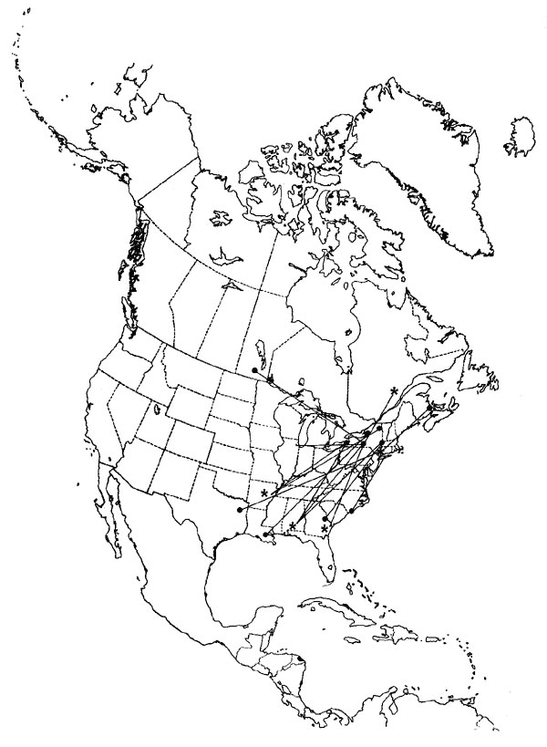 Southeastern US migration pattern of the European Starling (Sturnus vulgaris), as shown by band returns. From Bull's Birds of New York State (37). Stars on the figure denote banding location; dots denote recovery location.