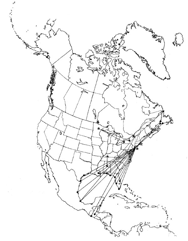 Circum-Gulf migration pattern of the Herring Gull (Larus argentatus), as shown by band returns. From Bull's Birds of New York State (37). Stars on the figure denote banding location; dots denote recovery location.