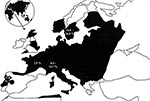 Thumbnail of Map of Europe showing the distribution of Ixodes ricinus (1). The areas where I. ricinus is prevalent are shaded in black and the prevalence of R. helvetica in I. ricinus, where estimated, is indicated.