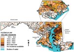 Thumbnail of Average annual incidence of Lyme disease by zip code, Maryland, 1993–1998.