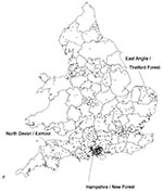 Thumbnail of Density plot of distribution of indigenously acquired Lyme borreliosis cases, by county of primary testing laboratory, England and Wales, 1986-1998.