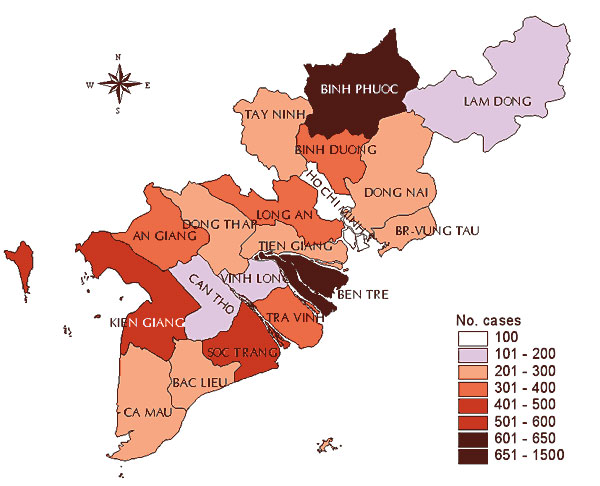 Nineteen provinces in southern Vietnam with mortality rates per 100,000 population, 1998.