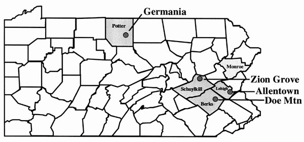 Pennsylvania county map highlighting the four counties involved (Potter, Schuylkill, Lehigh, and Berks) in the environmental investigations of Patient 1, and the single county of residence (Monroe) and rodent exposure of Patient 2.