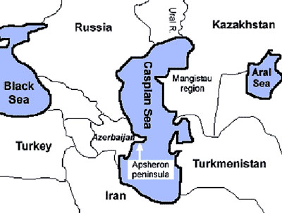Map of the Caspian Sea region. Seal samples were collected from Kazakhstan, Turkmenistan, and the Apsheron peninsula, Azerbaijan.