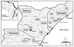 Thumbnail of Figure 3&nbsp;-&nbsp;Geographic distribution of Rift Valley fever outbreak, East Africa, 1997-98. (Number of confirmed cases / number of cases with severe febrile illness reported to surveillance system). Source: Morbidity and Mortality Weekly Report 1998;47:261-4.