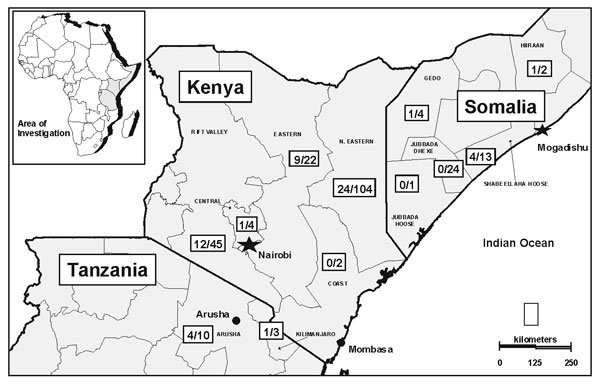 Figure 3&nbsp;-&nbsp;Geographic distribution of Rift Valley fever outbreak, East Africa, 1997-98. (Number of confirmed cases / number of cases with severe febrile illness reported to surveillance system). Source: Morbidity and Mortality Weekly Report 1998;47:261-4.
