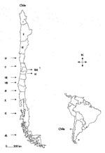Thumbnail of Figure 1&nbsp;-&nbsp;Map of South America showing the geographic position of Chile and map of Chile presenting the geographic distribution of the administrative regions of the country. aNumber of the corresponding administrative region. bMetropolitan region.