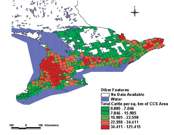 Total number of cattle per square kilometers, southern Ontario, 1996.
