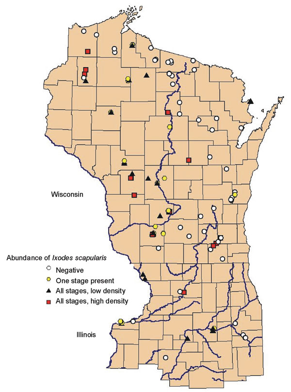 Geographic distribution of study sites ranked by abundance of Ixodes scapularis in Wisconsin, northern Illinois, and Menominee County in Michigan.