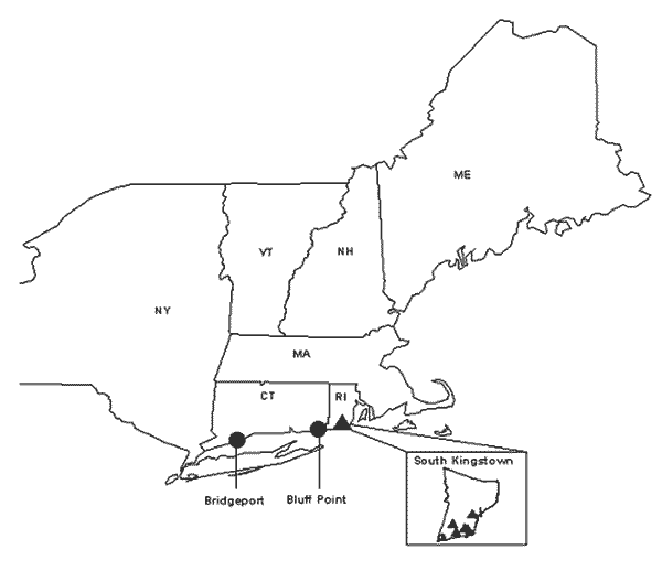 Map of northeastern United States, showing location of tick and rodent sampling sites.