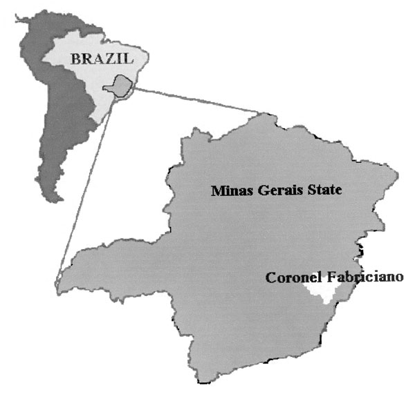 Map of Brazil and Minas Gerais State, showing Coronel Fabriciano municipality.
