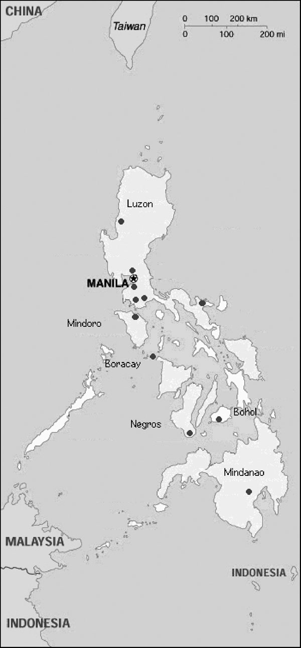 Collection sites for bats used in active surveillance of lyssaviruses in the Philippines.