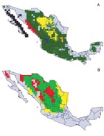 Thumbnail of Modeled geographic distributions of Neotoma woodrats in mainland Mexico. (A) black = Neotoma fuscipes, red = N. phenax, green = N. mexicana (note that this distribution includes those of other, less widely distributed, species), yellow = N. goldmani, blue = N. palatina, orange = N. angustapalata. (B) red = N. albigula, yellow = N. micropus, green = N. albigula and N. micropus.