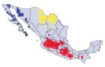 Thumbnail of Modeled geographic distributions of members of the protracta species complex: red = Triatoma barberi, yellow = T. p. woodi, green = T. sinaloensis, blue = T. p. protracta, black = T. peninsularis, and pink = T. p. zacatecensis. Only areas predicted for each species at the highest level of confidence (all best-subsets models agree) are shown.
