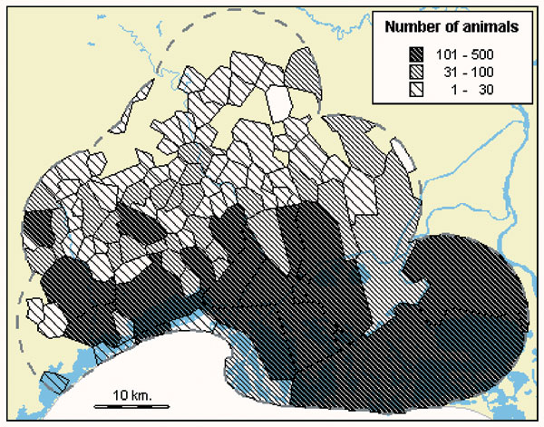 West Nile virus serosurvey, Camargue, France, 2000: geographic distribution of the animals sampled, by commune (n=5,905).