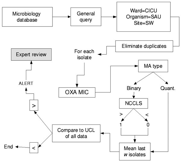 Data-processing methodology for moving averages. CICU, cardiac intensive care unit; SAU, S. aureus; SW, surgical wound; OXA MIC, oxacillin minimum inhibitory concentration; MA, moving average chart; NCCLS, National Committee on Laboratory Standards, antibiotic susceptibility breakpoint; UCL, upper control limit.