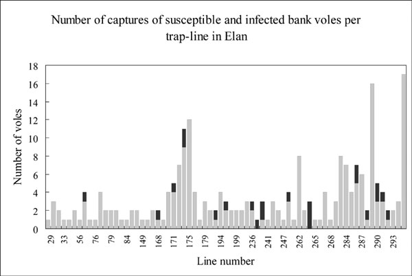 Number of captured bank voles (susceptible in light grey, seropositive in black) per trap line in Elan.