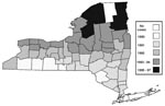 Thumbnail of Annual distribution of raccoon-variant rabies when first confirmed within each county, New York, 1991–1997.