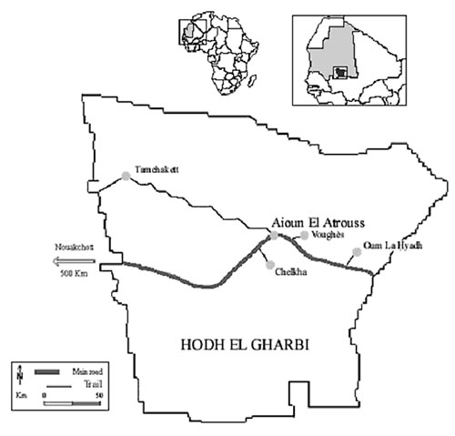 Map of Hodh el Gharbi region, Mauritania.