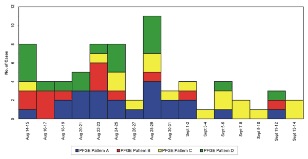 Distribution by date and pulsed-field gel electrophoresis subtype of Salmonella ser. Typhimurium isolates received by the Minnesota Department of Health, August 14-September 14, 1995. Data provided by Jeffrey Bender and John Besser, Minnesota Department of Health.