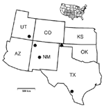 Thumbnail of Locations of 14 arenavirus-positive Neotoma rodent collections. San Juan County, southeastern Utah = N. cinerea and N. mexicana (one virus-positive animal each species); Cimarron County, western Oklahoma = N. albigula (2); McKinley County, northwestern New Mexico = N. albigula (2); Socorro County, central New Mexico = N. mexicana (3); Dimmit and La Salle counties (Chaparral Wildlife Management Area), southern Texas = N. micropus (5). The map inset shows the location of study area.