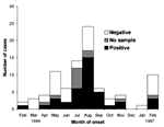Thumbnail of Human monkeypox cases by month of onset in 12 villages, according to results of neutralization assay, Katako-Kombe Health Zone, February 1996 to February 1997.