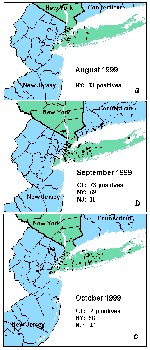 Thumbnail of West Nile (WN) virus-positive dead birds, August-October, 1999, New York, New Jersey, and Connecticut. Not included on the map are two WN virus-positive birds in New York State from November and three WN virus-positive birds in New York and New Jersey without definitive information on date collected.