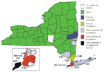 Thumbnail of Geographic distribution of West Nile (WN) virus-positive surveillance components in New York State through December 2000, and associated seasonal minimum infection ratios for counties with WN virus-positive mosquito pools.  