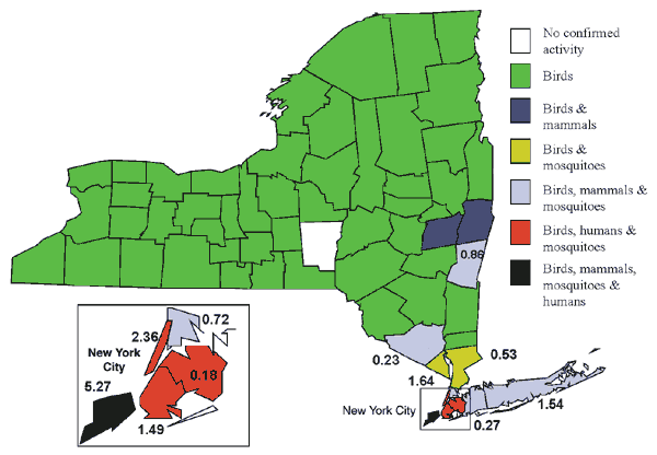 Geographic distribution of West Nile (WN) virus-positive surveillance components in New York State through December 2000, and associated seasonal minimum infection ratios for counties with WN virus-positive mosquito pools.  