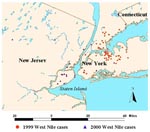 Thumbnail of Metropolitan New York area hospitalized West Nile virus patients, 1999-2000.