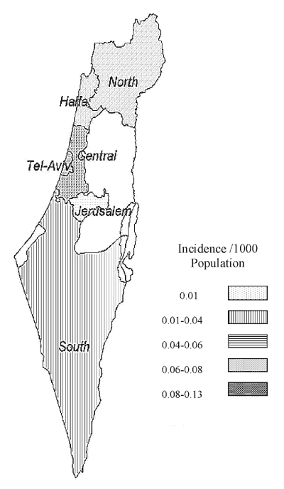Incidence of West Nile fever infection by district, Israel, 2000.