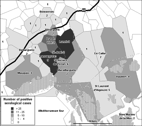 Geographic location of confirmed and probable clinical cases and serologically positive cases (according to serosurvey) of West Nile infection in equines, France. Data are grouped by commune, the boundaries of which are indicated. (The commune is the smallest French administrative subdivision, which approximately corresponds to an English parish). Numbers indicate clinical cases. Of the 76 cases, 73 are shown; the rest occurred more than 10 km outside the area. Names of communes in which more th