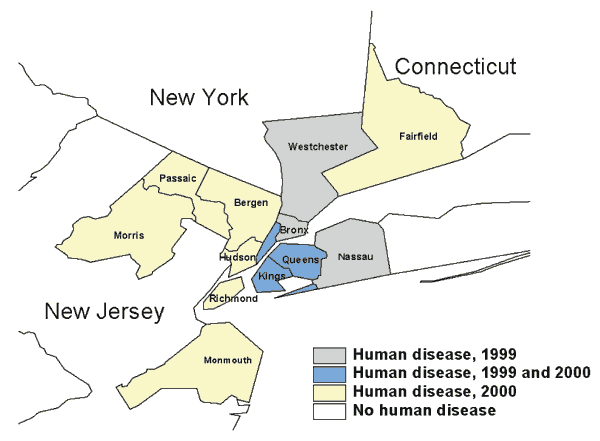 New York and New Jersey counties reporting human illness caused by West Nile virus infection in 1999 (62 cases in 6 counties) and 2000 (21 cases in 10 counties).