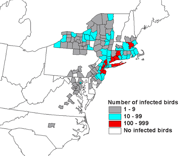 U.S. counties reporting West Nile virus-infected birds, 2000.