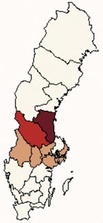 Thumbnail of Map of Sweden showing the areas used in the analysis. Heavy shade marks tularemia-endemic area, medium shade the border area, and light shade the emergent area, where many cases occurred during the 2000 outbreak, but few cases were reported during the previous decade.