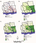 Thumbnail of a. Confirmed human granulocytic ehrlichiosis (HGE) cases identified through active and passive surveillance systems, 1997–2000; b. Raw annualized incidence of confirmed HGE cases by town, 1997–2000*; c. Raw annualized incidence of confirmed HGE cases by census block group*; d. Smoothed annualized incidence of confirmed HGE cases by census block group.* *Cases per 100,000 persons.