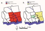 Thumbnail of a. Single identified cluster of human granulocytic ehrlichiosis (HGE) cases within the 12-town area (maximum cluster size ≤50% total population), relative risk (RR)=1.8, p=0.001; b. Two identified clusters of HGE cases within the 12-town area (maximum cluster size ≤ 25% total population): primary cluster: RR=2.6, p=0.001, secondary cluster: RR=2.6, p=0.16.