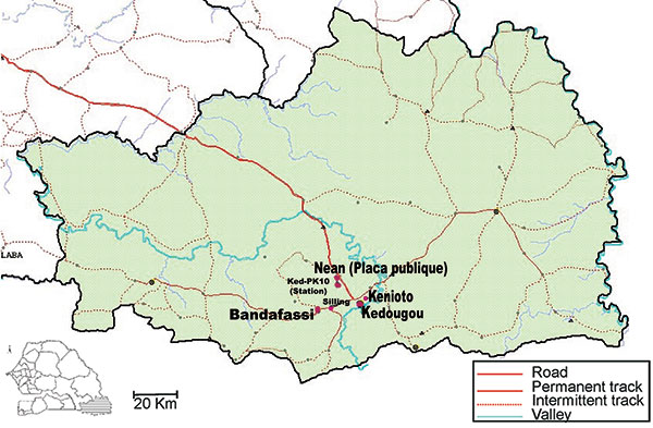 Map of the Kedougou area, Senegal, showing geographic position of villages and forest gallery where dengue virus serotype 2 vectors were collected.