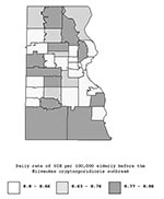 Thumbnail of Geographic distributions of age-adjusted daily rate of gastroenteritis-related emergency room visits and hospitalizations per 100,000 elderly persons for the pre-outbreak period (January 1, 1992–March 27, 1993), Milwaukee, Wisconsin.
