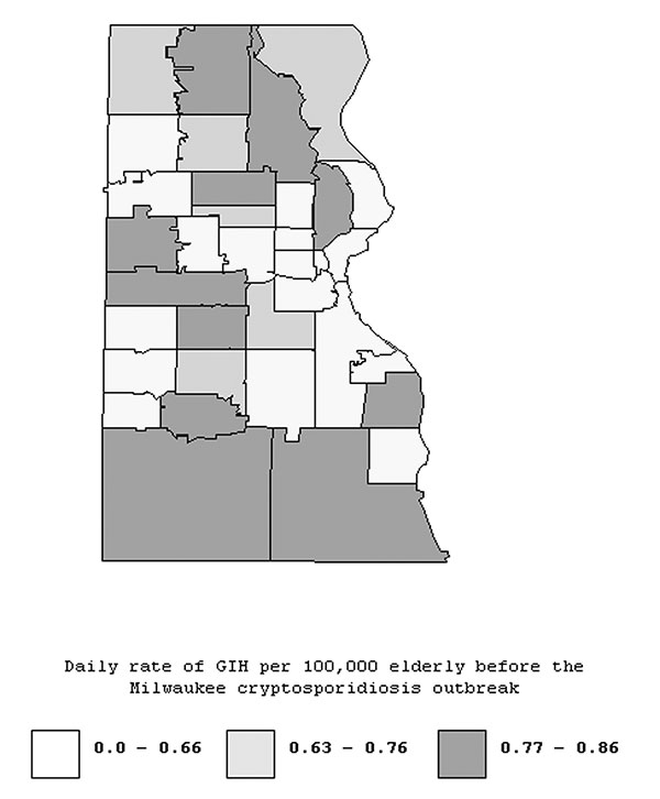 Geographic distributions of age-adjusted daily rate of gastroenteritis-related emergency room visits and hospitalizations per 100,000 elderly persons for the pre-outbreak period (January 1, 1992–March 27, 1993), Milwaukee, Wisconsin.