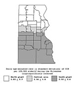 Thumbnail of Age-adjusted daily rates of gastroenteritis-related emergency room visits and hospitalizations per 100,000 elderly persons during the cryptosporidiosis outbreak (March 28, 1993–April 24, 1993) in three drinking water service areas (north, central, and south), Milwaukee, Wisconsin.