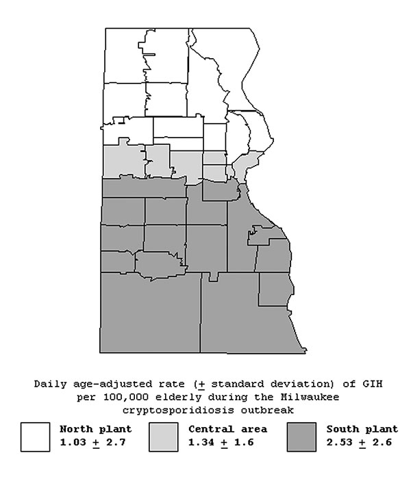 Age-adjusted daily rates of gastroenteritis-related emergency room visits and hospitalizations per 100,000 elderly persons during the cryptosporidiosis outbreak (March 28, 1993–April 24, 1993) in three drinking water service areas (north, central, and south), Milwaukee, Wisconsin.