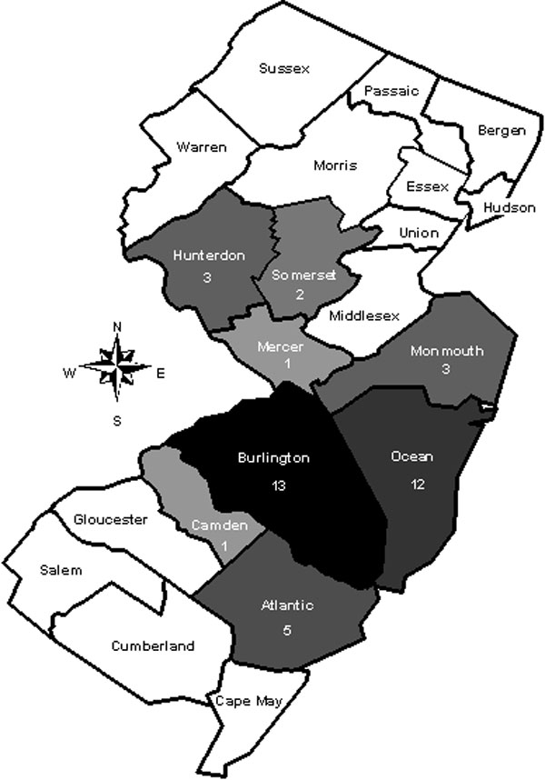 Map of New Jersey showing its 21 counties. The eight counties in which reported cases of babesiosis were acquired from 1993 through 2001 are shaded in gray (the darker the gray, the more cases). The number of cases reported per county is shown under the name of the county.